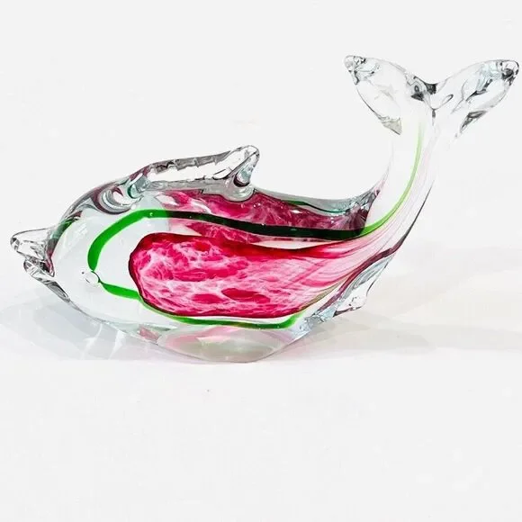 Vintage MCM Murano Fish Art Glass Sculpture Home Decor Green Pink 9 X 7 - Picture 1 of 9